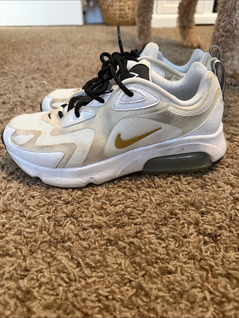 Nike Air 200 White Sneakers with Gold Swoosh and Black Laces